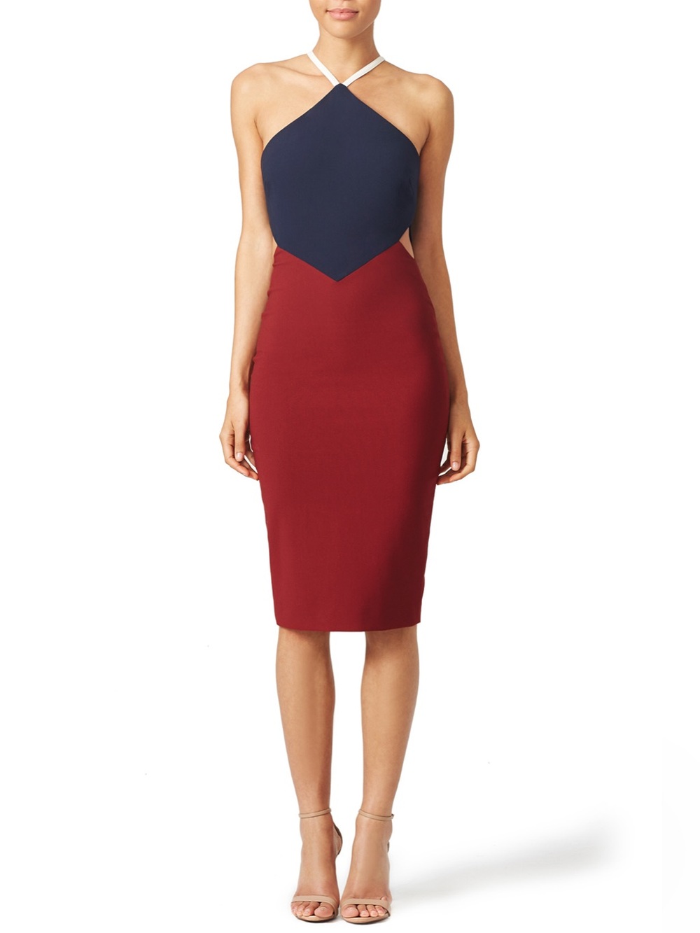 Elizabeth and James Two-Tone Halter Midi Dress - Navy & Burgundy